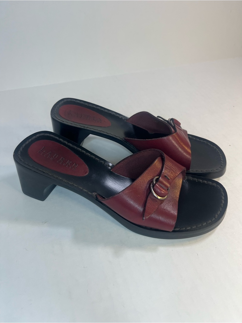 Ralph Lauren Burgundy Leather Ring-Accent Mid Heel Mules Y2K